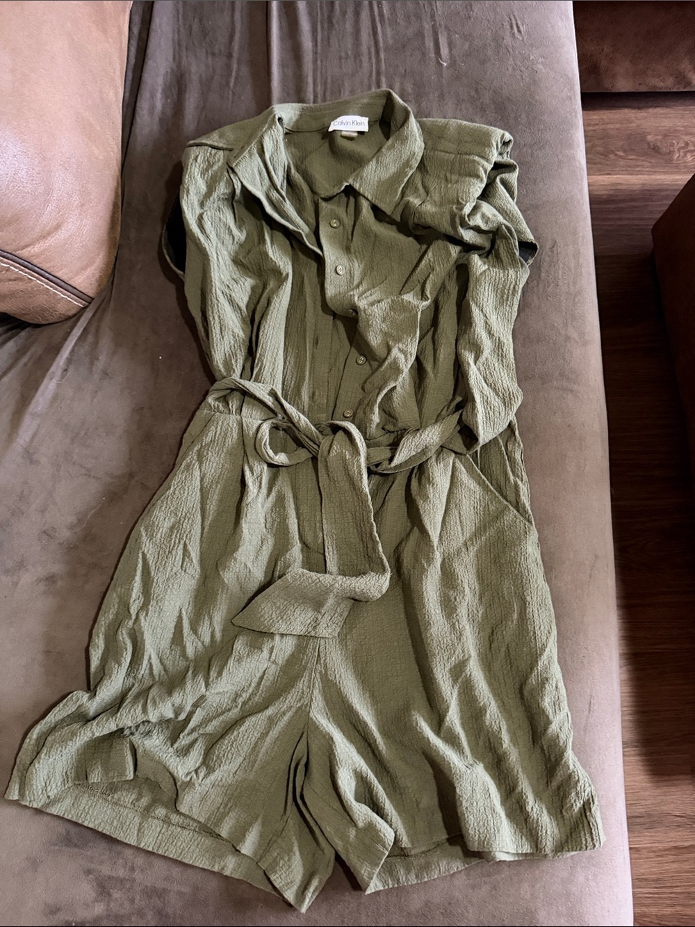 Calvin Klein Olive Green Textured Long-Sleeve Shirt Romper